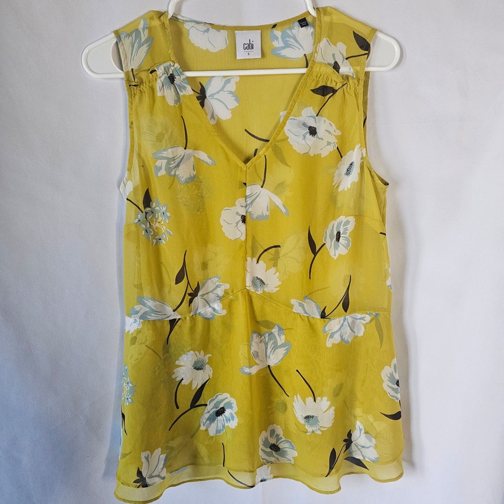 Cabi Yellow Floral Sleeveless V Neck Peplum Top Women's Size S